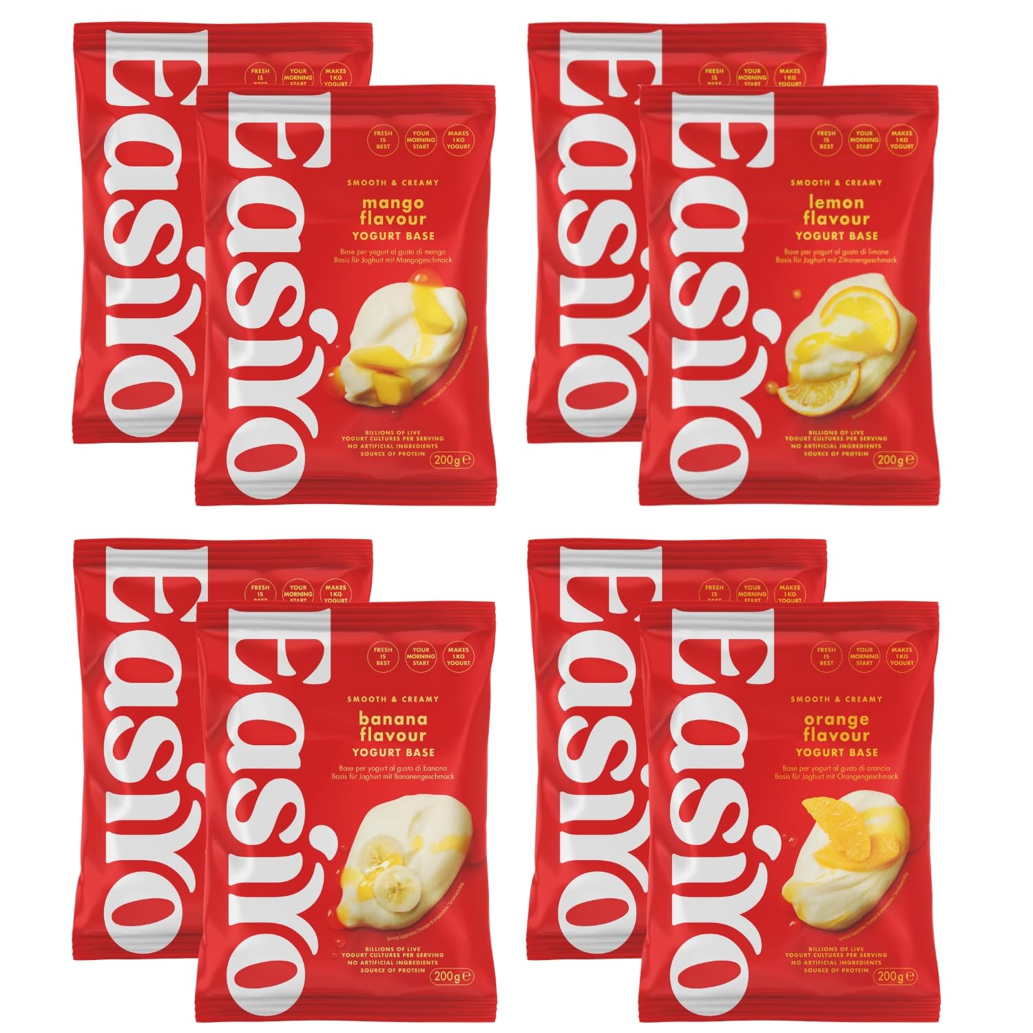 EasiYo Joghurt 8er-Mischpaket | 2x Mango, 2x Orange, 2x Zitrone, 2x Banane | Jeder Beutel ergibt 1kg | Hausgemachter Joghurt | Glutenfrei & Vegetarisch