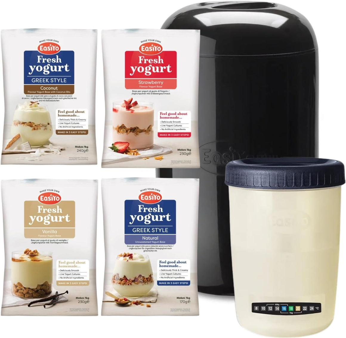 EasiYo Joghurtbereiter Schwarz Starter-Set | Inklusive 4 Joghurt-Sachets